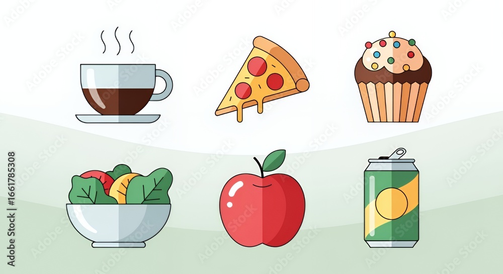 Fototapeta premium Assorted Food and Drinks Icons: A Colorful Collection of Delicious Items
