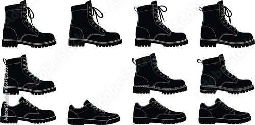 Set of boots and shoes silhouette vector, black work footwear icons, hiking boot design, outdoor leather shoe illustration graphic