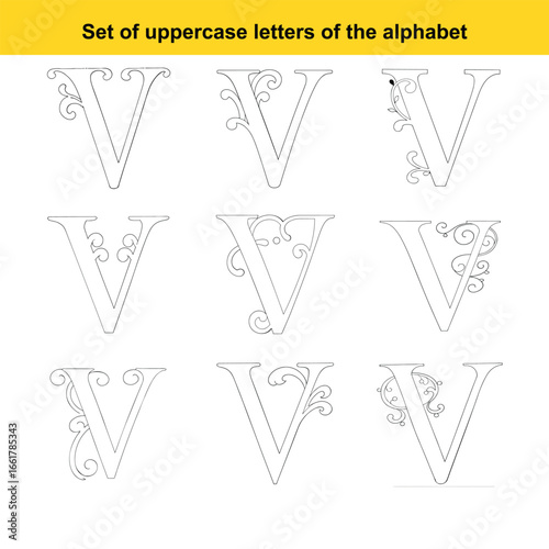 Ensemble of Nine Ornate Uppercase Letter V Designs with Swirls and Leaf Accents uppercase V alphabet