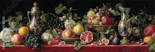 Detailed Still Life Painting With Fruits And Vessels