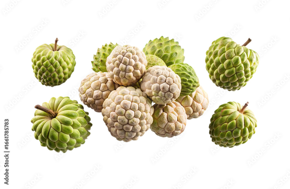 Fototapeta premium Isolated sugar apples on a white background, displaying varied ripeness levels beautifully