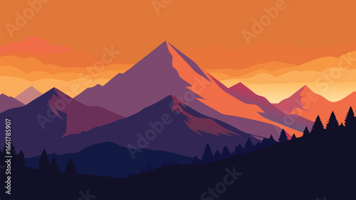 Breathtaking view of a mountain range against a vivid sky, featuring a blend of warm colors as the sun set flat illustration