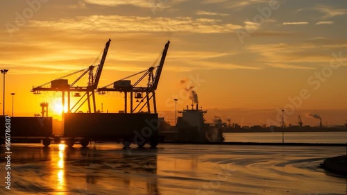 Cargo transport at sunset silhouette of cranes and vehicle at port terminal
