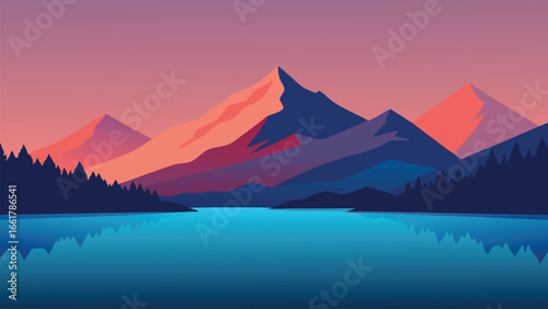 Breathtaking view of a mountain range with a tranquil body of water in the foreground, flat vector illustration