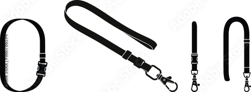 Set of lanyard strap silhouette vector, ID badge holder clip design, black keychain neck strap icon, safety buckle illustration