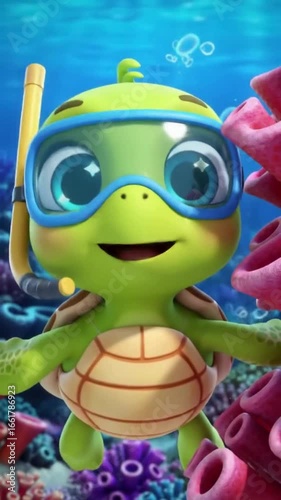 Adorable Animated Turtle Snorkeling Underwater