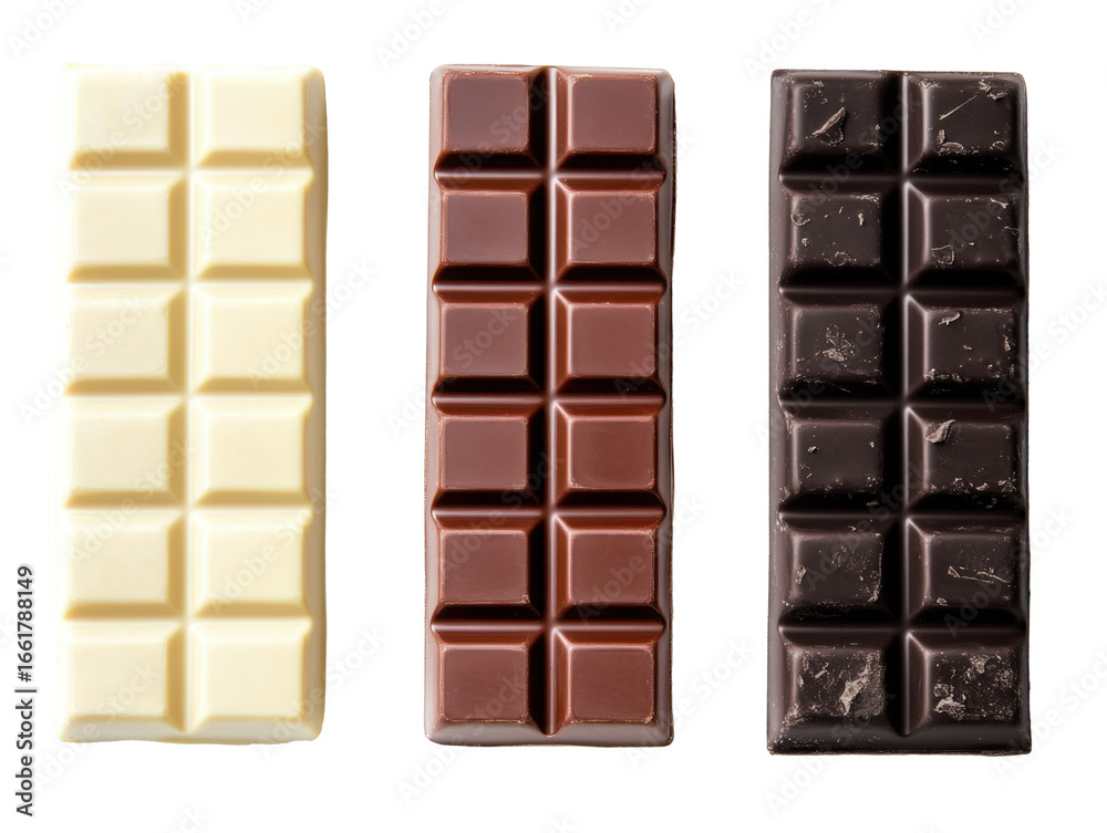 Obraz premium A Rich Display of Chocolate Varieties: White, Milk, and Dark Chocolate Bars Showcasing Textures and Colors for Sweet Enthusiasts. png, isolated on white background