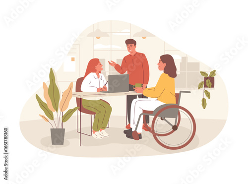 A professional woman with a disability working intently at her laptop in an accessible office. Vector illustration highlights equal employment opportunities and a supportive workplace