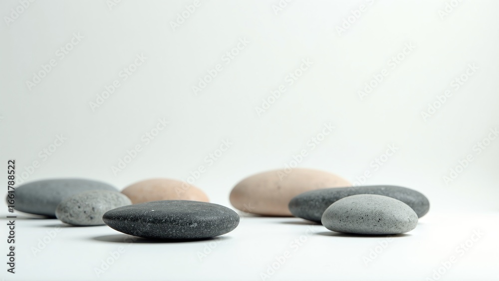 Fototapeta premium Serene gray and beige river rocks on white background for wellness branding, marketing materials, and corporate presentations with copy space for text