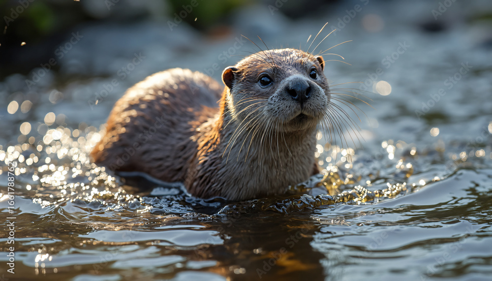 Fototapeta premium Otter Swimming in Water with Bokeh Background