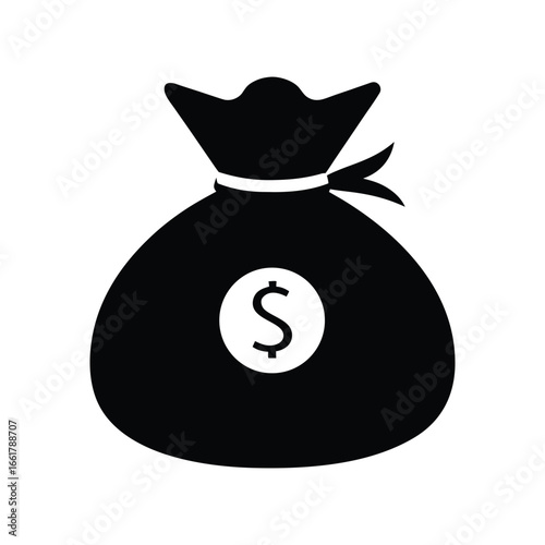 Black and White Money Bag Icon: Simple, Bold Financial Symbol