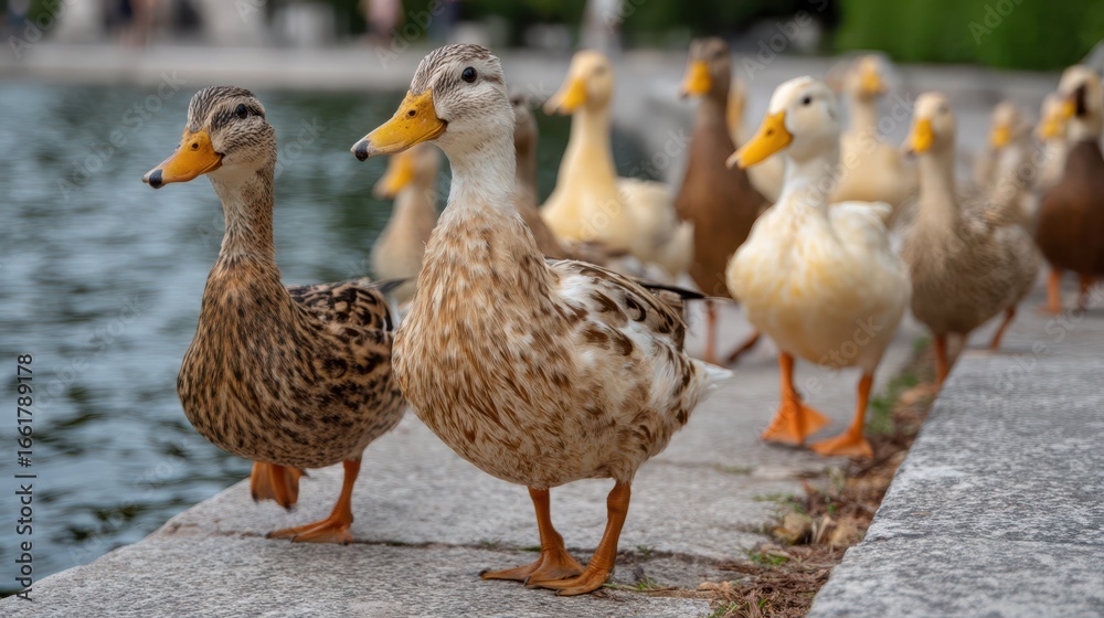 Obraz premium Cheerful Ducks Waddling Together by a Park Pond