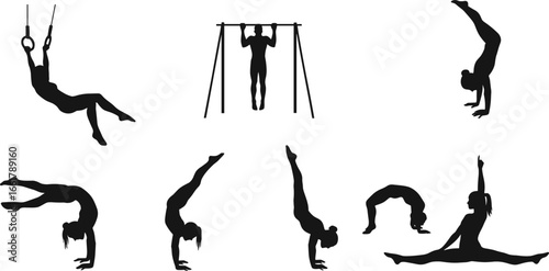 Silhouette vector of gymnasts performing handstands, ring exercises, backbends, bar workouts, splits and strength poses for fitness and training