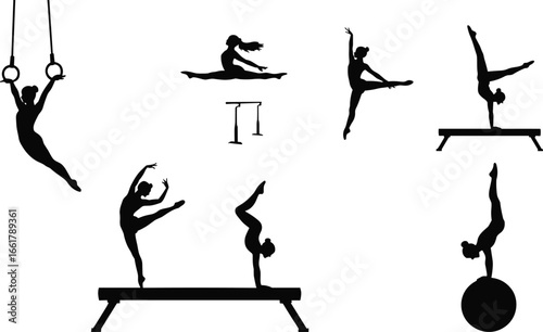 Silhouette Vector of Female Gymnasts Performing Acrobatics, Balance Beam, Rings, and Artistic Poses, Perfect for Sports, Fitness, and Design
