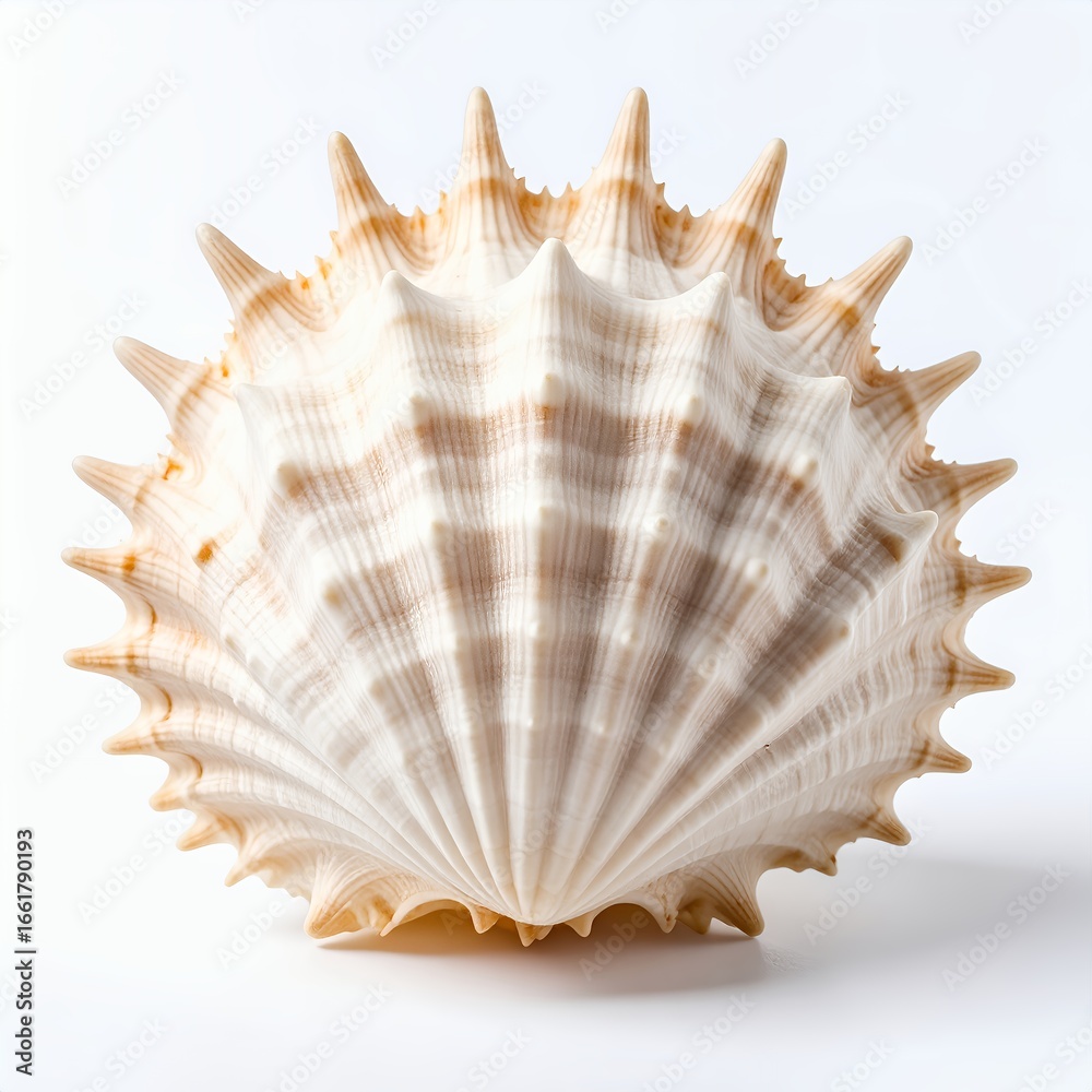 Fototapeta premium Exotic spiky seashell showcasing unique texture and pattern complexity on white background
