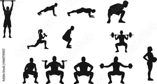 Silhouette Vector of Men and Women Performing Strength Training, Squats, Push-ups, Pull-ups, and Weightlifting Exercises in Gym Workout