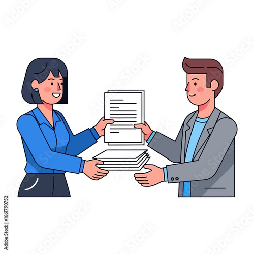 Document Exchange in Office: Two colleagues engage in a professional exchange, transferring documents in a meticulously crafted illustration.