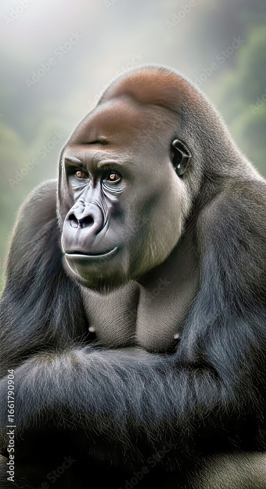 Obraz premium Professional photorealistic portrait of a pensive gorilla.