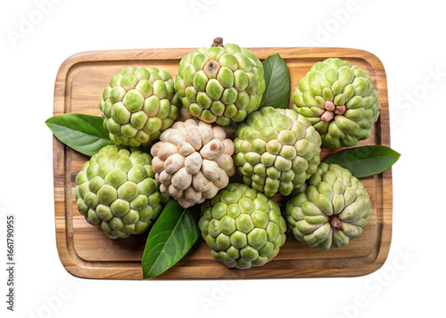 Fresh and Delicious Sugar Apples on a Wooden Cutting Board Top View