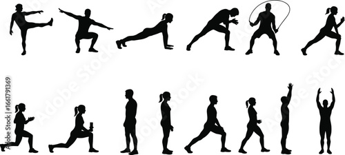 Silhouette Vector Set of Men and Women Doing Home Workout, Fitness Exercises, Body Training, Stretching, Cardio, and Strength Moves
