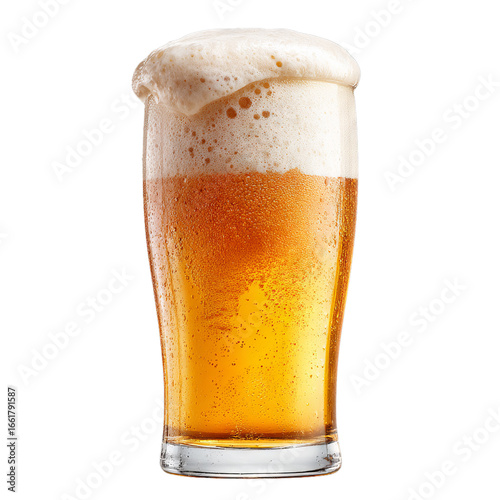 Frosty beer glass with overflowing foam. Isolated white background. Png format