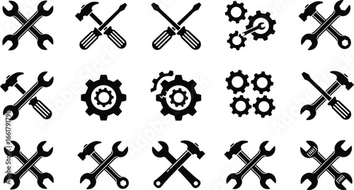 Vector tools icons, wrench gear symbol, repair maintenance design, screwdriver hammer illustration, mechanic equipment set, construction service, engineering technology logo