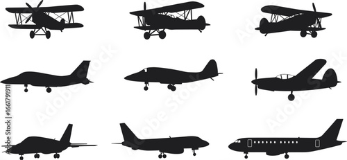 Vintage airplane silhouette, jet aircraft vector, military plane design, propeller aircraft icon, aviation illustration, passenger airplane graphic, retro biplane silhouette