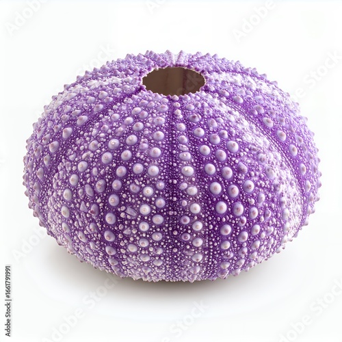 Intricate purple sea urchin shell with delicate white dots observed on white background
