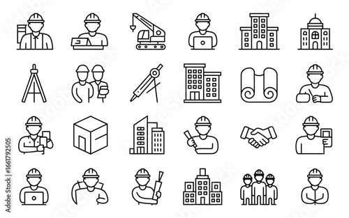 Set of 24 black and white line art icons