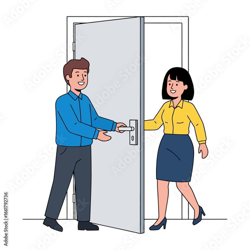 Opening the door: A gentleman is graciously opening a door for a lady. This illustration reflects a moment of courtesy and respect. 