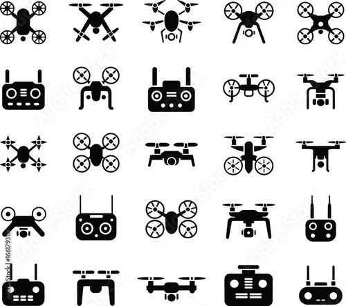 Drone icons collection, quadcopter, UAV technology, remote control, drone silhouette, aerial photography, drone equipment, black vector illustration, flying gadget set