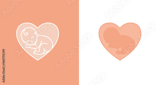 Illustrations of a developing baby embryo fetus inside a heart shape symbol representing love and life in two contrasting styles a minimalist white outline on a soft peach background and a colored ver
