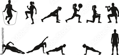Silhouettes of Men and Women Doing Home Workouts, Fitness Training, Bodyweight Exercise, Strength Training, Vector Set on White Background
