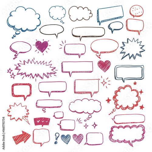Collection of various colorful speech bubbles and conversation hearts