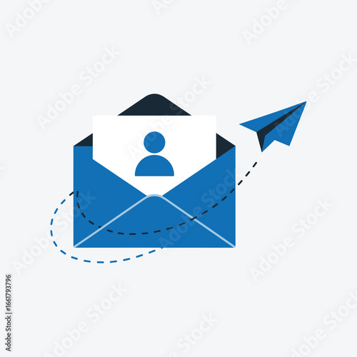 Email Message with User Profile and Paper Plane Icon, Flat Vector Illustration Representing Contact, Communication, Networking, and Mail Delivery on Light Background.