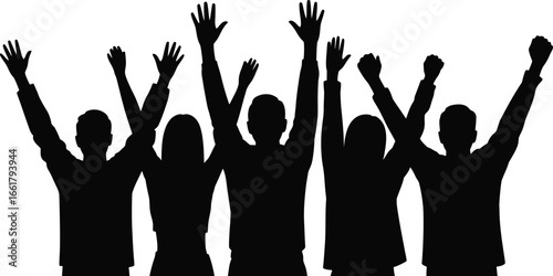 Silhouette of a diverse group of people with arms raised in celebration
