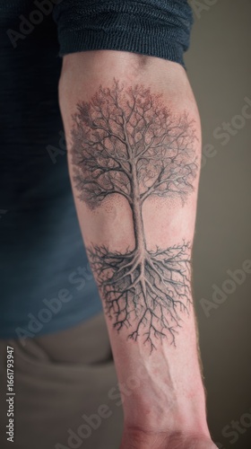 Detailed black and white tree of life tattoo with roots and branches on a person's forearm.