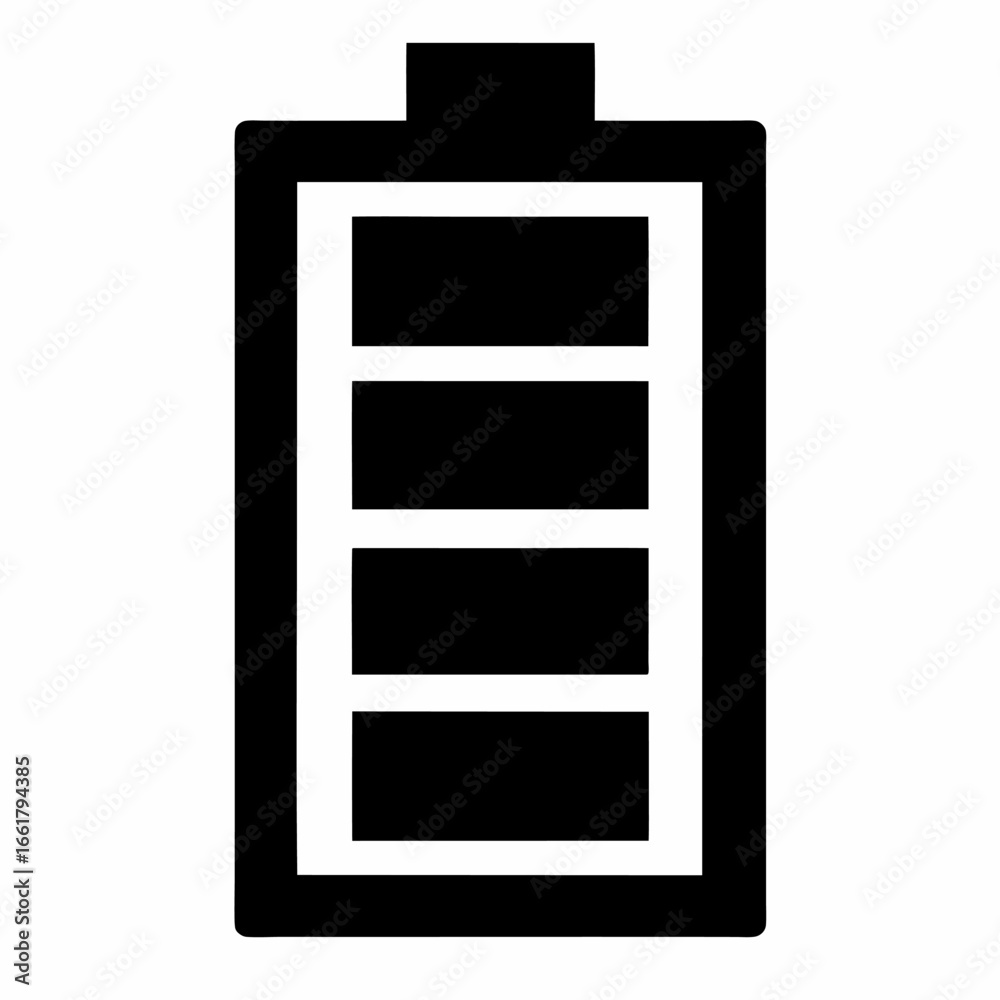 A black and white battery icon with four horizontal bars A black and white battery icon with four horizontal bars