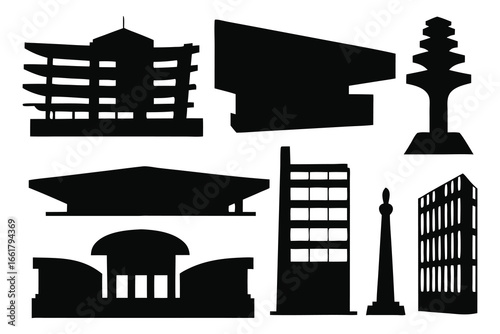 Combinations of monochrome brutalism silhouettes set isolated flat vector illustration on white backgroun