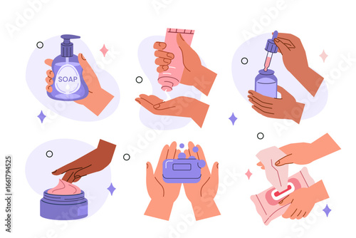 Characters hands holding various hygiene and skin care products, such as soap, cream, serum, wiped cleansing tissue. Beauty and skincare concept set. Vector illustration.