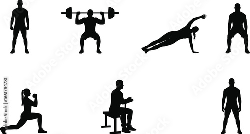 Silhouettes of men and women doing strength exercises, bodyweight training, squats, lunges, barbell lifting, pushups, planks, and seated workouts