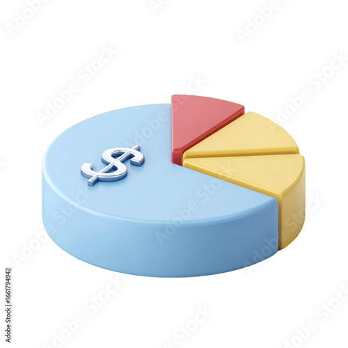 3d render of a pie chart with a dollar sign, representing financial growth and business success, isolated on transparent background