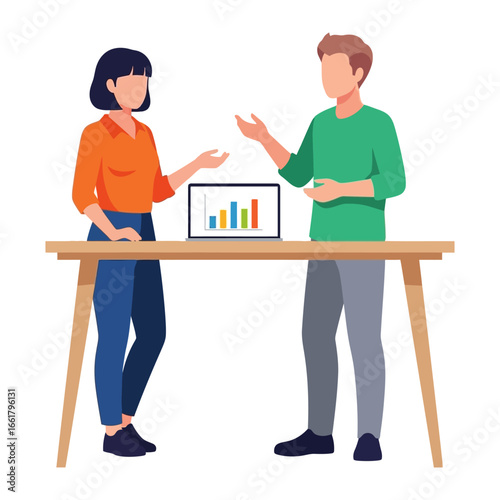 Colleagues Collaboration: Depicting the harmonious synergy between colleagues as they collaborate. Their hands gesturing towards a computer, representing communication, strategy.