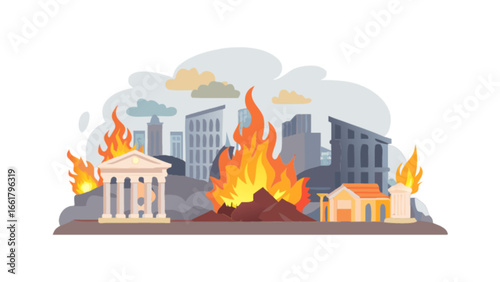Illustration of city buildings in flames, fire disaster, urban destruction and burning buildings