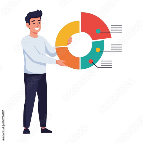 Data Presentation in Hand: A cheerful man is holding a colorful pie chart. This image captures the essence of information analysis and business data presentation.