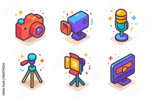Colorful icon set of photography and filmmaking equipment