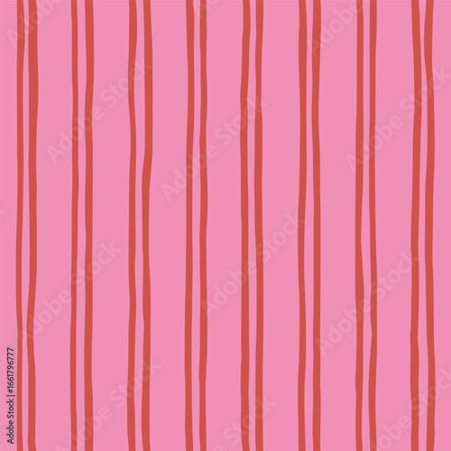Seamless striped playful pattern with vertical red wavy lines on pink background. Hand drawn geometric abstract design for textile, wallpaper, wrapping paper, cover