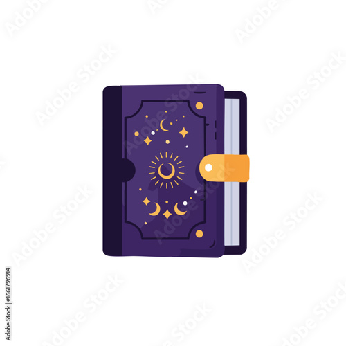 A closed purple spellbook with celestial symbols and a yellow clasp.