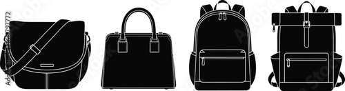 Vector handbag collection, black silhouette purse, backpack and shoulder bag, leather bags icons, fashion accessories, stylish bag designs, trendy carry items