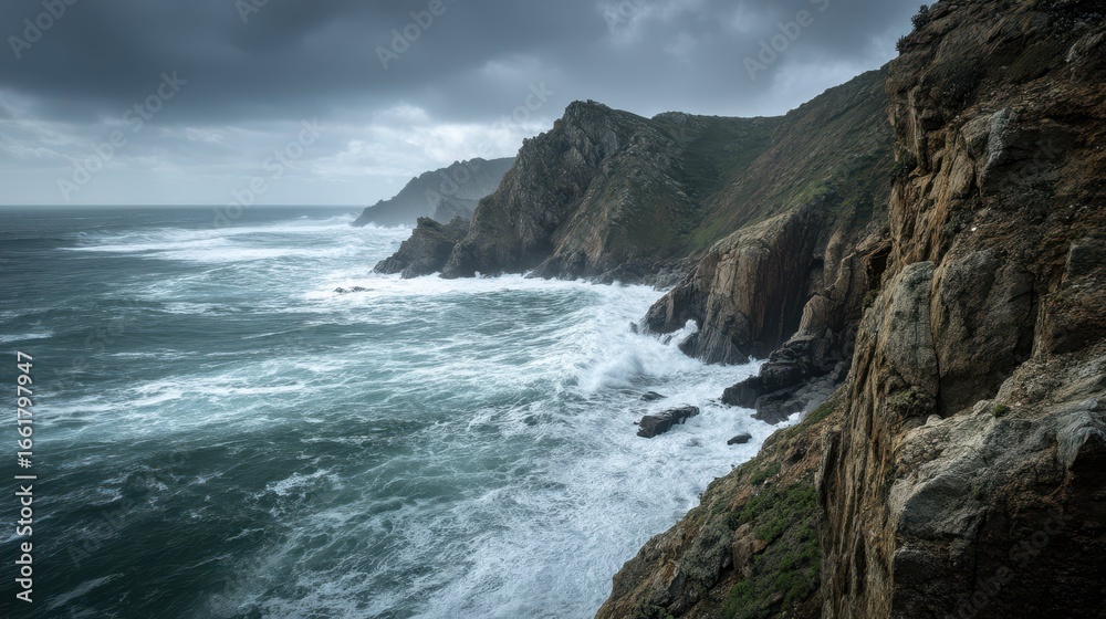 Dramatic Cliffs Beside Roaring Sea Under Dark Stormy Sky Dramatic Cliffs Beside Roaring Sea Under Dark Stormy Sky